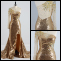 One Shoulder Long Sleeve Gold Sequins Evening Dress See Through Back High Split Evening Gown